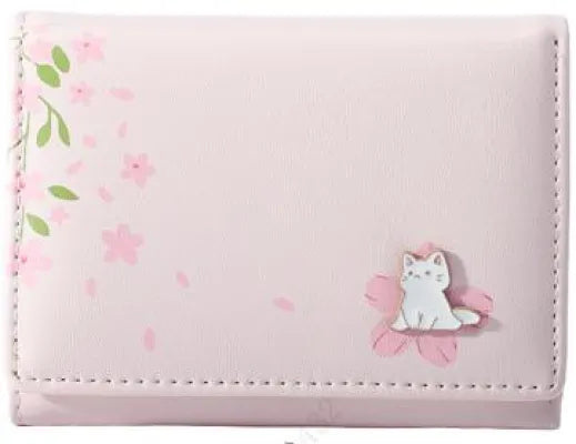 Women's Sakura Cat Tri-fold Short Wallet(Light Pink)